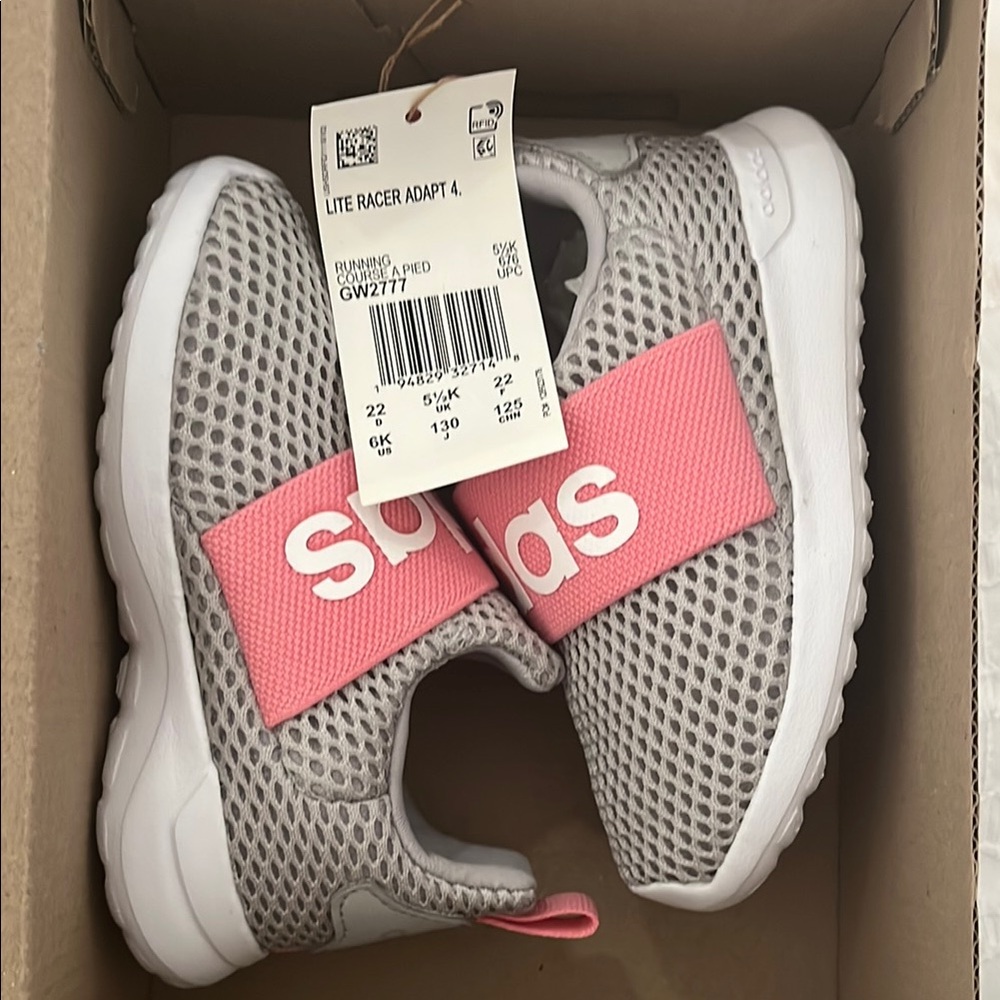 Adidas Kids Lite Racer Adapt 4 Pink and Gray Shoes